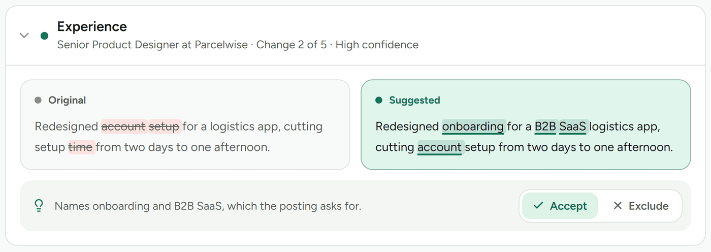 Change 2 of 5: the original resume bullet beside the suggested one, which names onboarding and B2B SaaS from the posting.